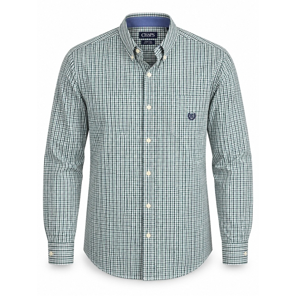 Chaps Mens XL Green Gingham Button Down Shirt Stretch Easy Care Cotton Blend L/S